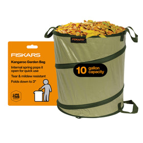 Fiskars Kangaroo bag with 10-gallon capacity ready for yard waste.