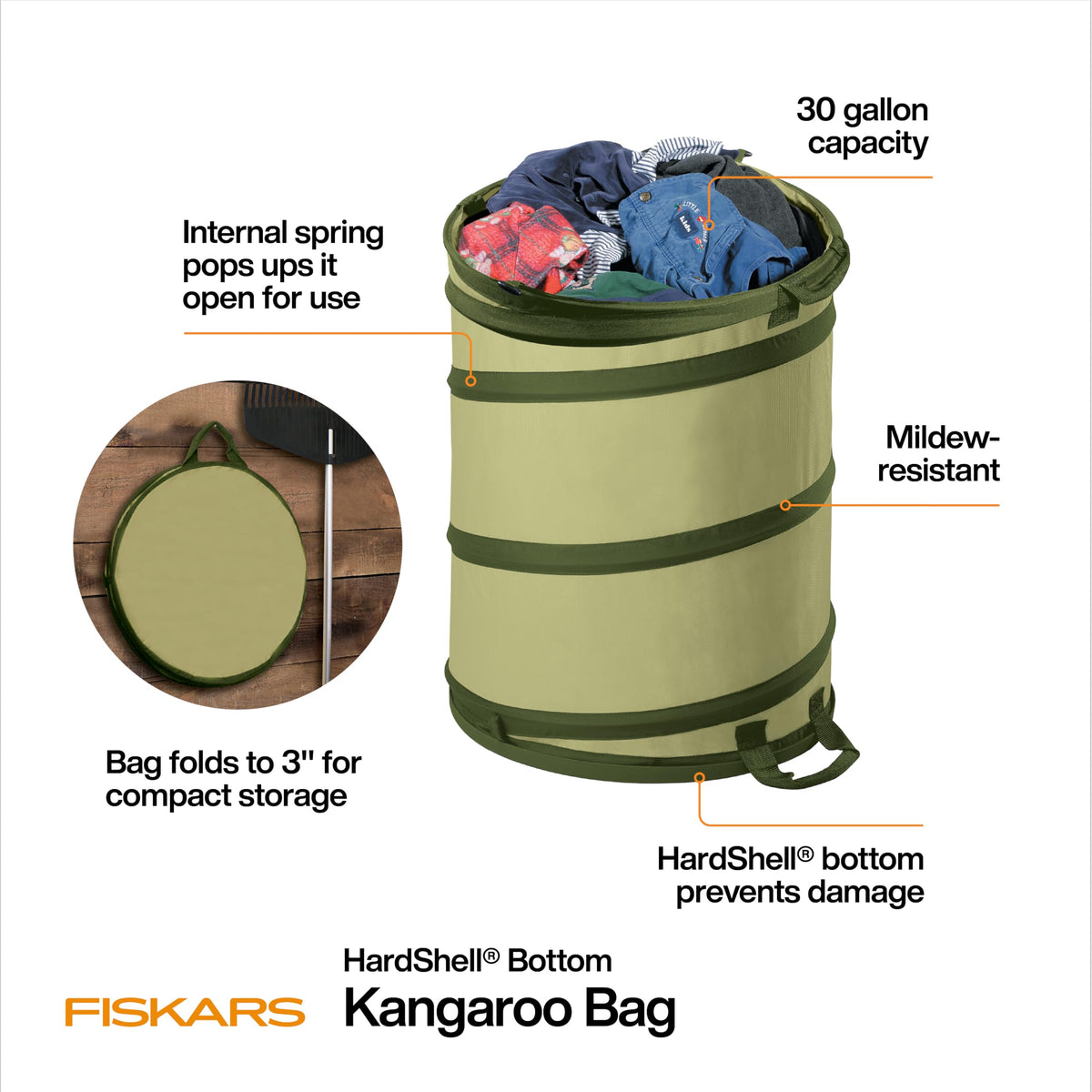 Fiskars Kangaroo bag open and ready for yard waste collection.