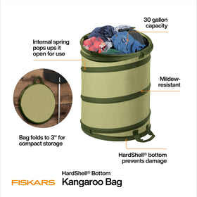 Fiskars Kangaroo bag open and ready for yard waste collection.