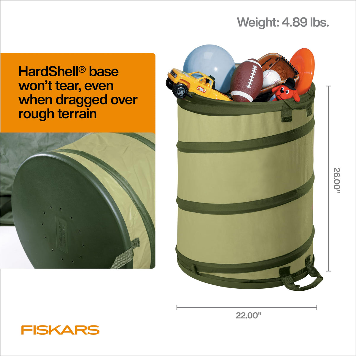 Fiskars Kangaroo dimensions show 30-gallon capacity when in use.