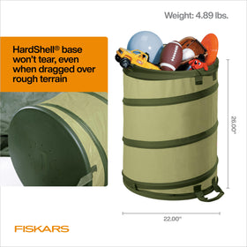 Fiskars Kangaroo dimensions show 30-gallon capacity when in use.