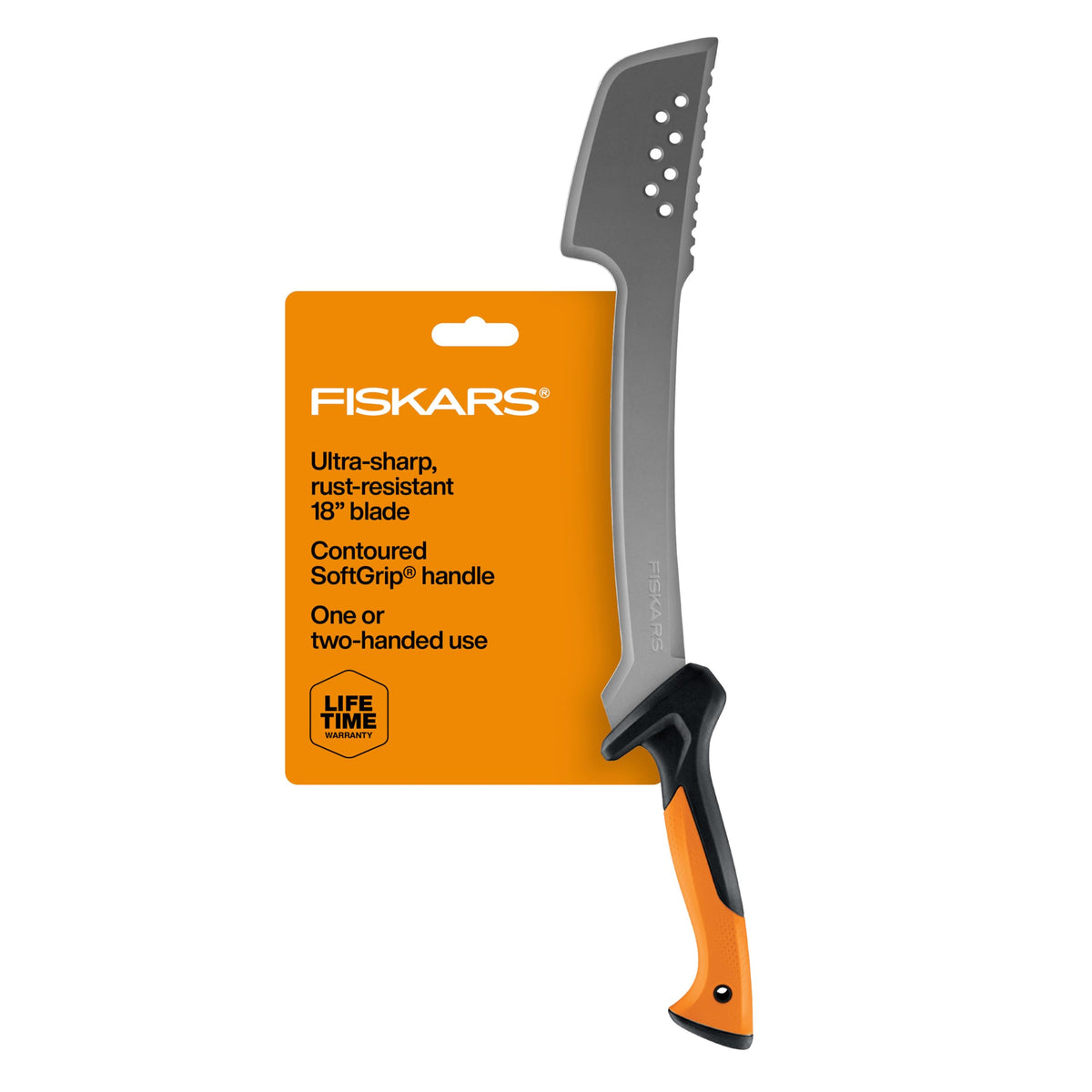 Fiskars machete blade close-up showing sharp edge for fast cuts