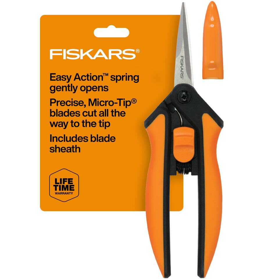 Fiskars Micro-Tip Pruning Snips blade close-up showing precise cuts in tight spaces