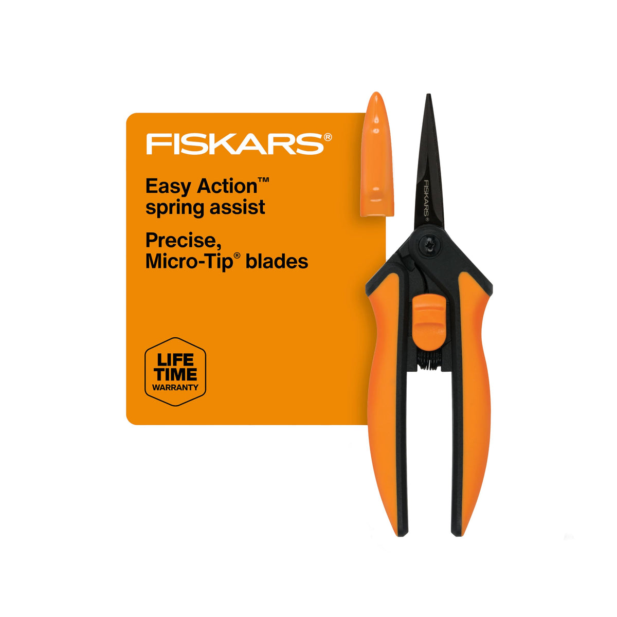 Fiskars nonstick micro-tip pruning snips with sheath offer precise cuts in tight spaces.