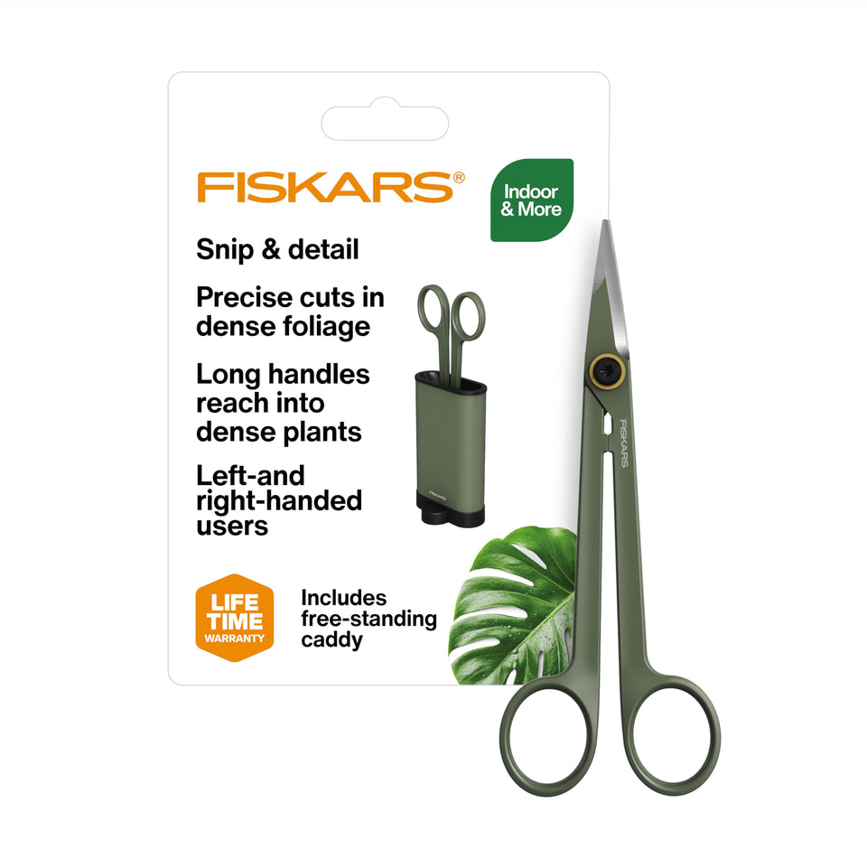 Fiskars Plant Detailer Snips long reach enables precise pruning in tight canopies.