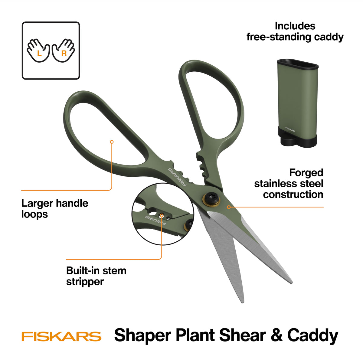 Fiskars Plant Shaping Shears ambidextrous handles for comfortable use by all gardeners.