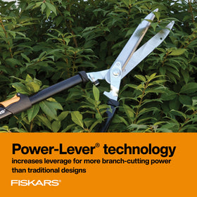 Fiskars hedge shears locked at length for precise cuts in tall shrubs