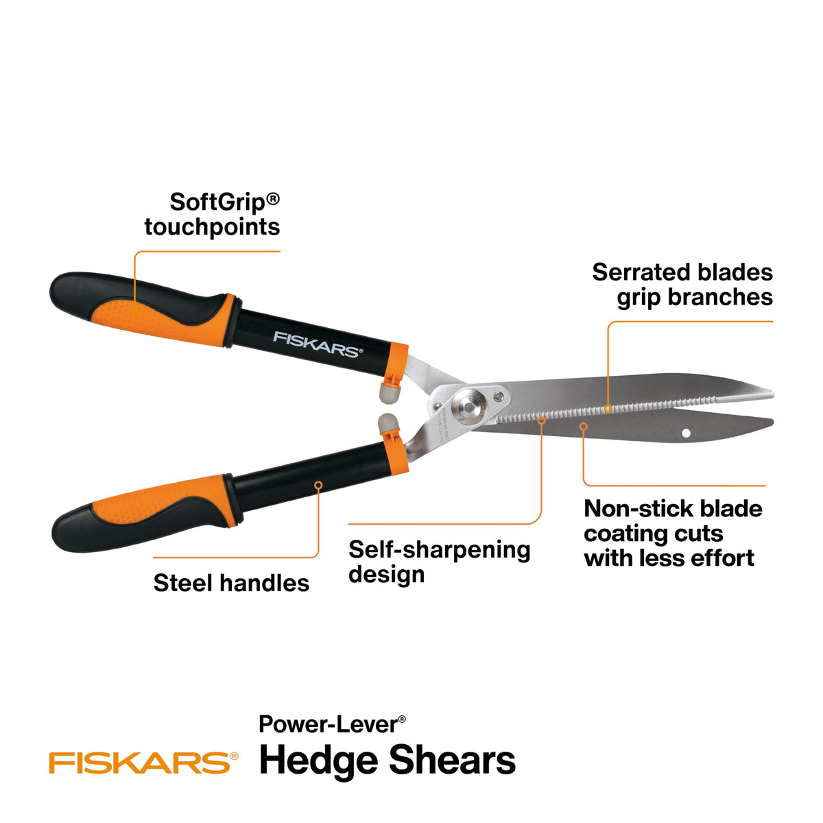 Fiskars Power-Lever hedge shears blades close-up, serrated edge grips branches for clean cuts.