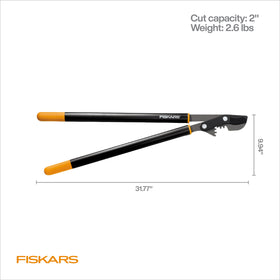 Lifetime warranty badge on Fiskars PowerGear Bypass Lopper