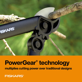 Fiskars PowerGear Lopper anvil blade close-up shows hardened steel for clean cuts.