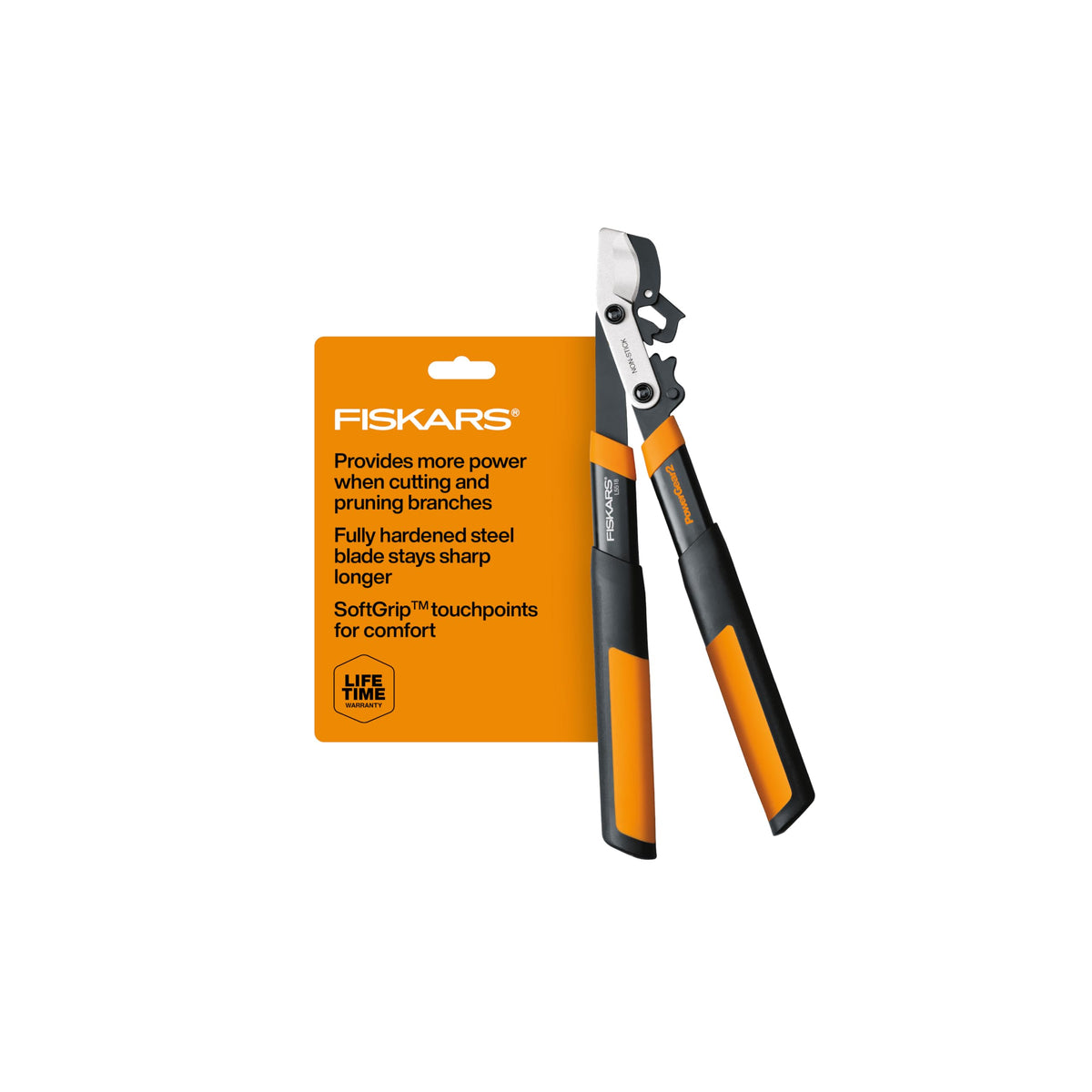 Fiskars PowerGear2 18-inch lopper cutting a thick branch with clean, precise action.