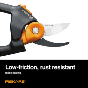 Fiskars PowerGear2 pruning-shears contoured rolling-handle for comfort and control.