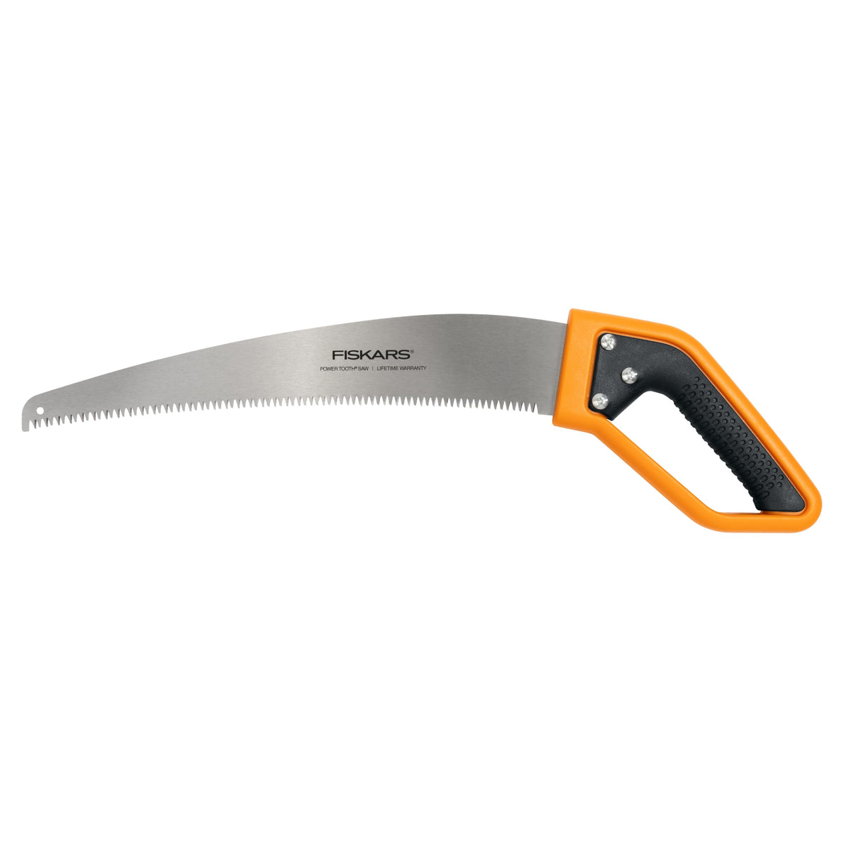 Fiskars PowerTooth D-handle saw with razor-sharp teeth delivers quick, clean cuts through thick branches.