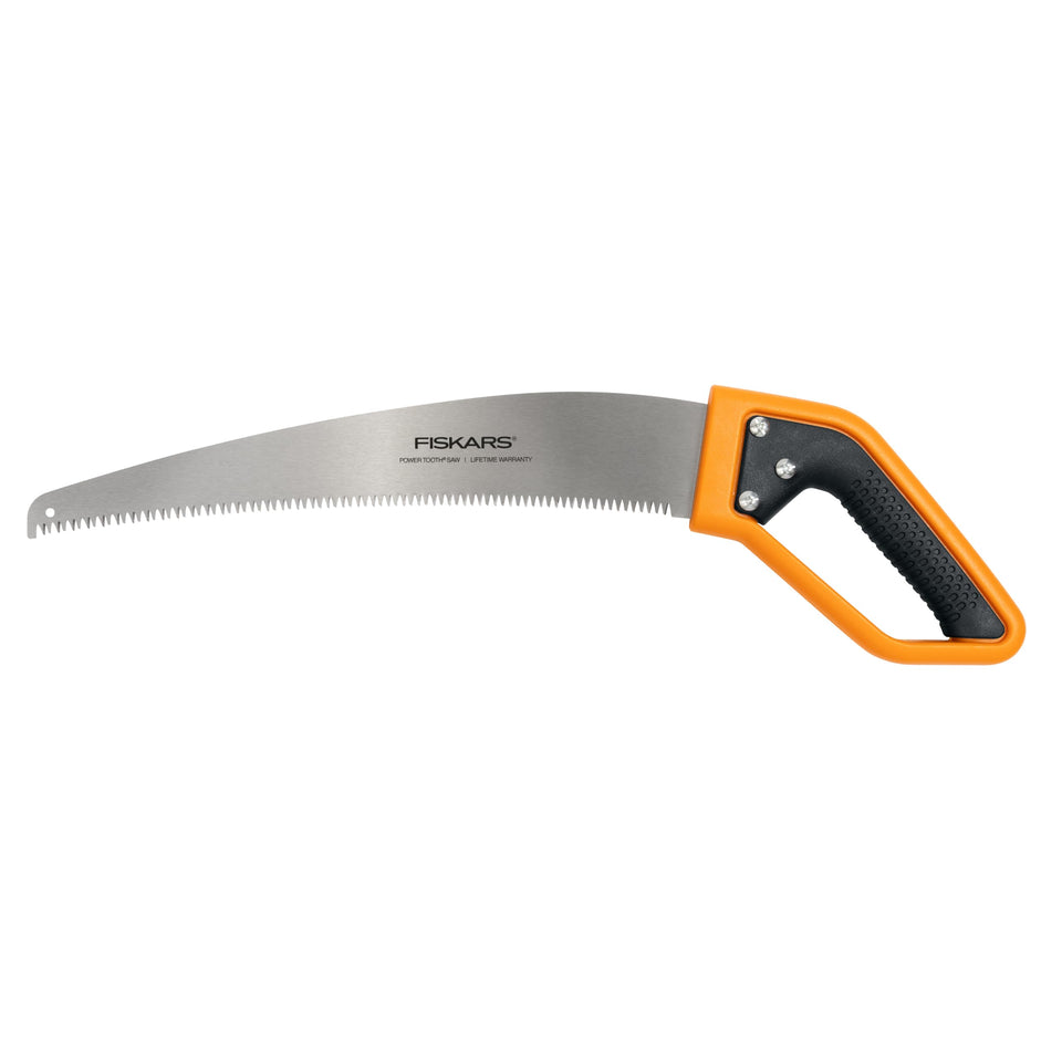 Fiskars PowerTooth D-handle saw with razor-sharp teeth delivers quick, clean cuts through thick branches.