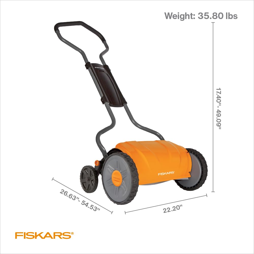 Fiskars push mower ideal for flat dry lawns under 6 inches tall
