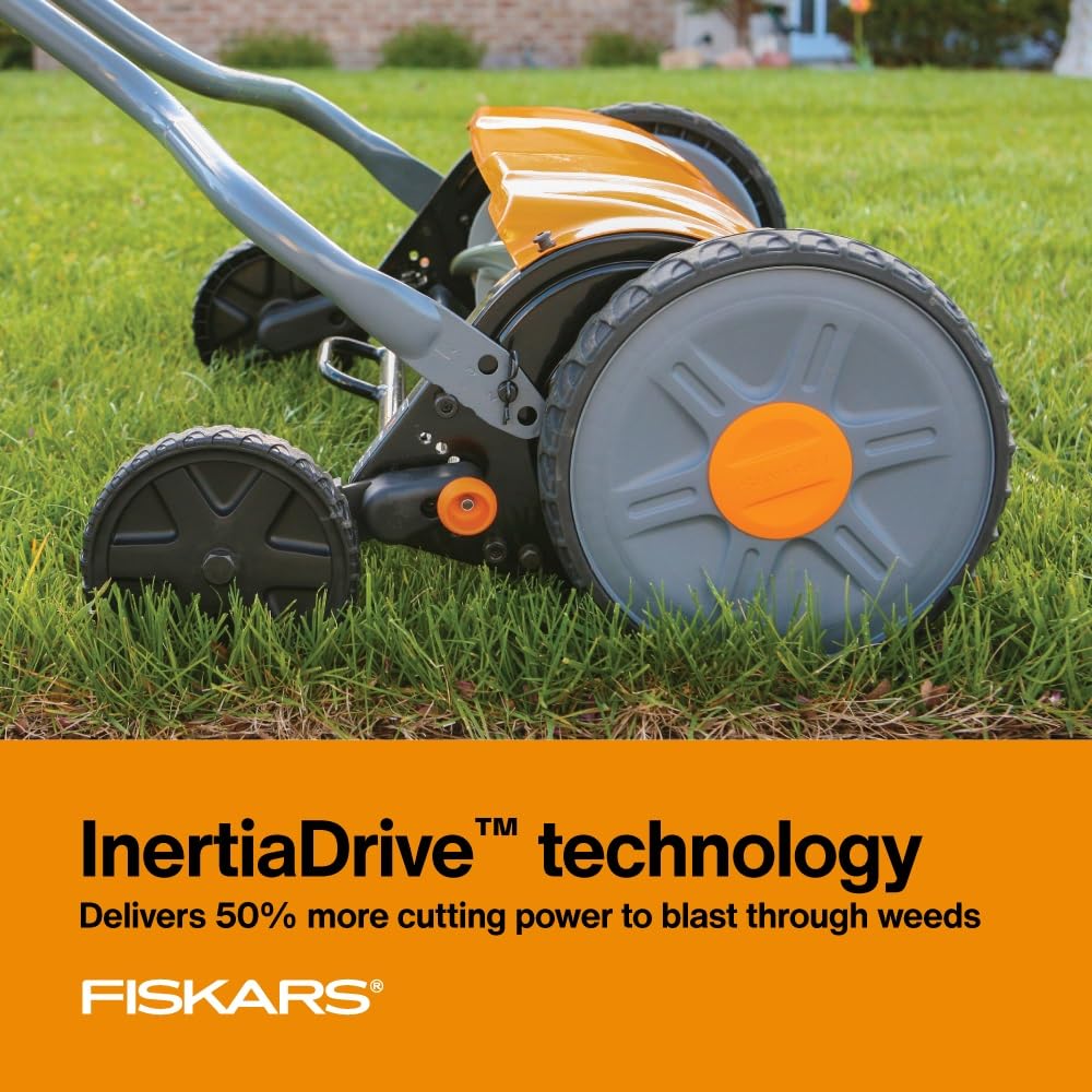 Quiet eco-friendly mowing with Fiskars operates quietly without gas or cords