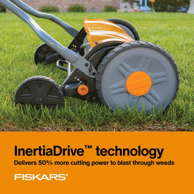 Quiet eco-friendly mowing with Fiskars operates quietly without gas or cords