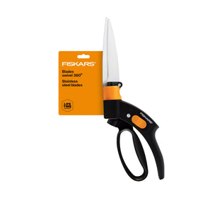 Fiskars Shear Ease Grass Shears with 360-degree swivel for precise edging.