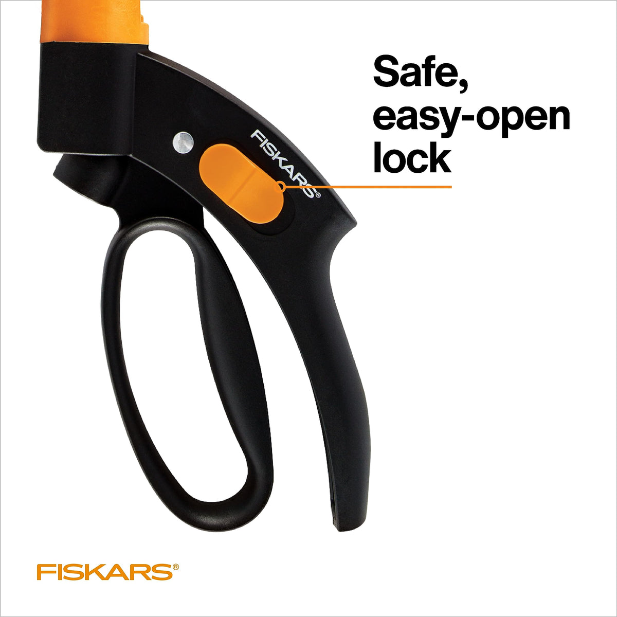 Fiskars thumb-operated locking mechanism safely stores the shears between jobs.