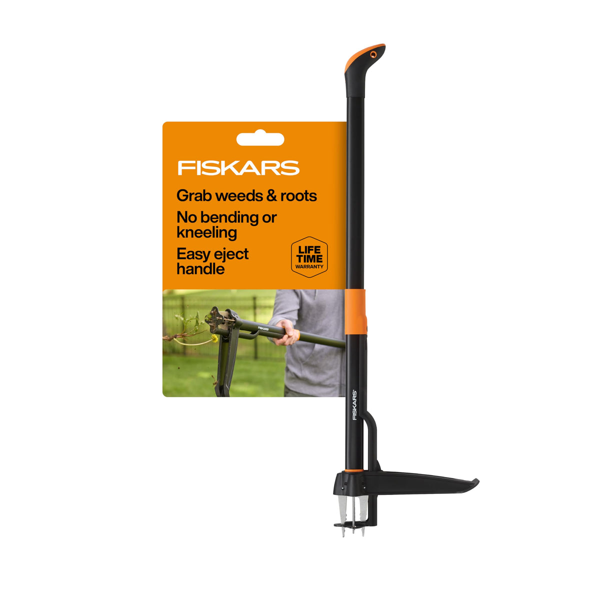 Fiskars stand-up weed puller 39in with 4-claw grip for root removal.