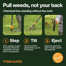 Reinforced foot platform on Fiskars stand up weeder provides stable stepping on tough soil.