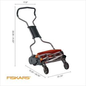 Fiskars StaySharp Cutting System shown, no blade sharpening required for maintenance-free mowing.