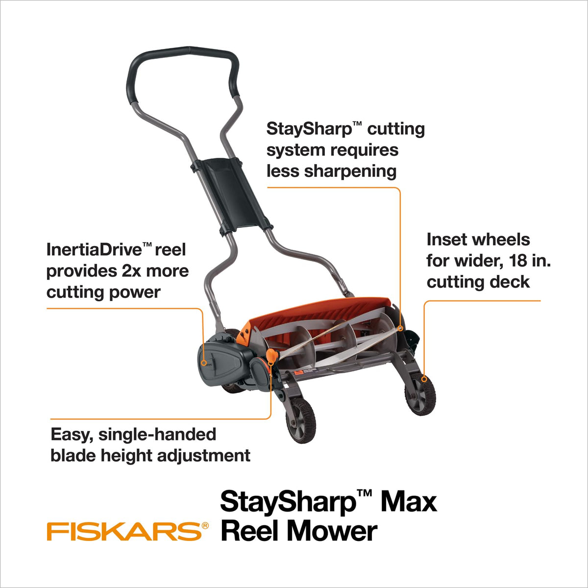 Fiskars StaySharp Max demonstrates InertiaDrive power for easier push on tough grass.