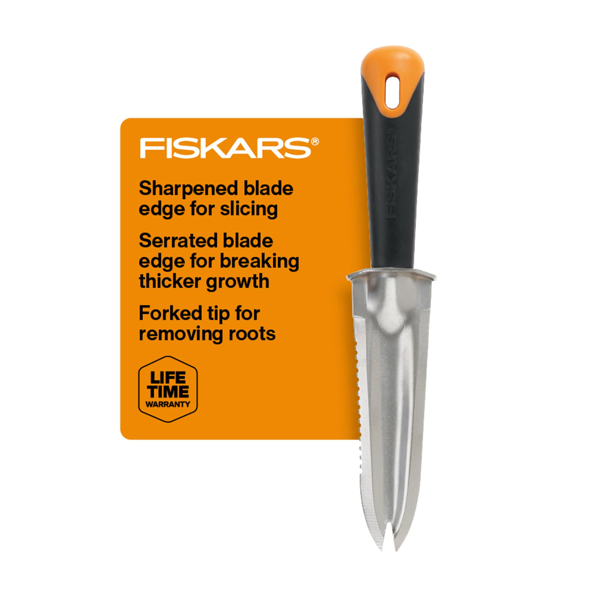 Fiskars Steel Garden Knife blade edge enables precise digging and sod slicing.