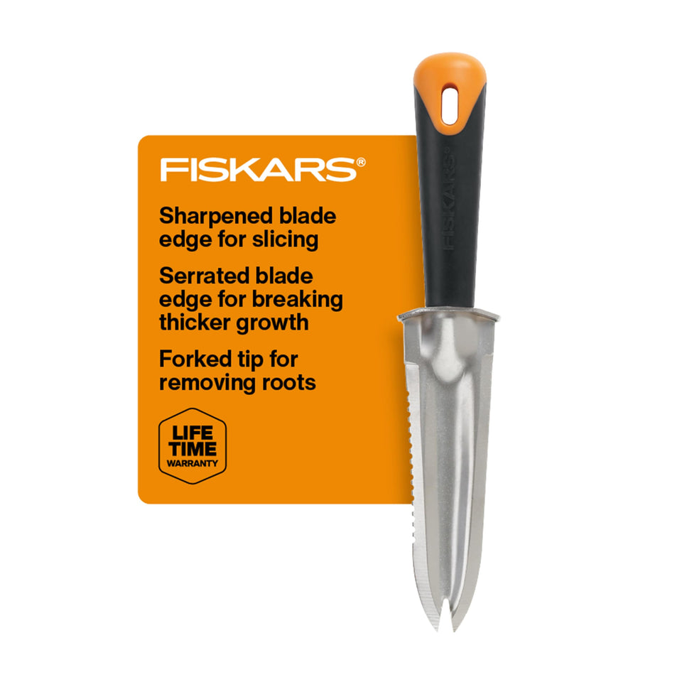 Fiskars Steel Garden Knife blade edge enables precise digging and sod slicing.