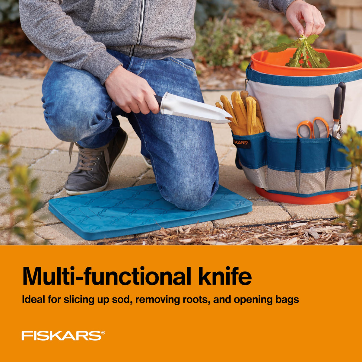 Fiskars Steel Garden Knife forked tip helps remove stubborn roots cleanly.