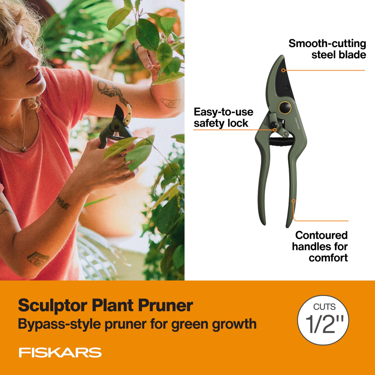 Fiskars stem shears close-up showing ergonomic grip