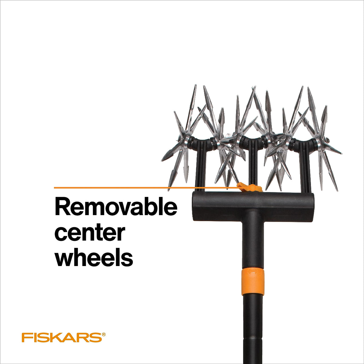 Center wheels on the Fiskars cultivator are removable for precise cultivation near seedlings