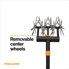 Center wheels on the Fiskars cultivator are removable for precise cultivation near seedlings