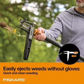 Viewing window helps align claws precisely before pulling weeds.