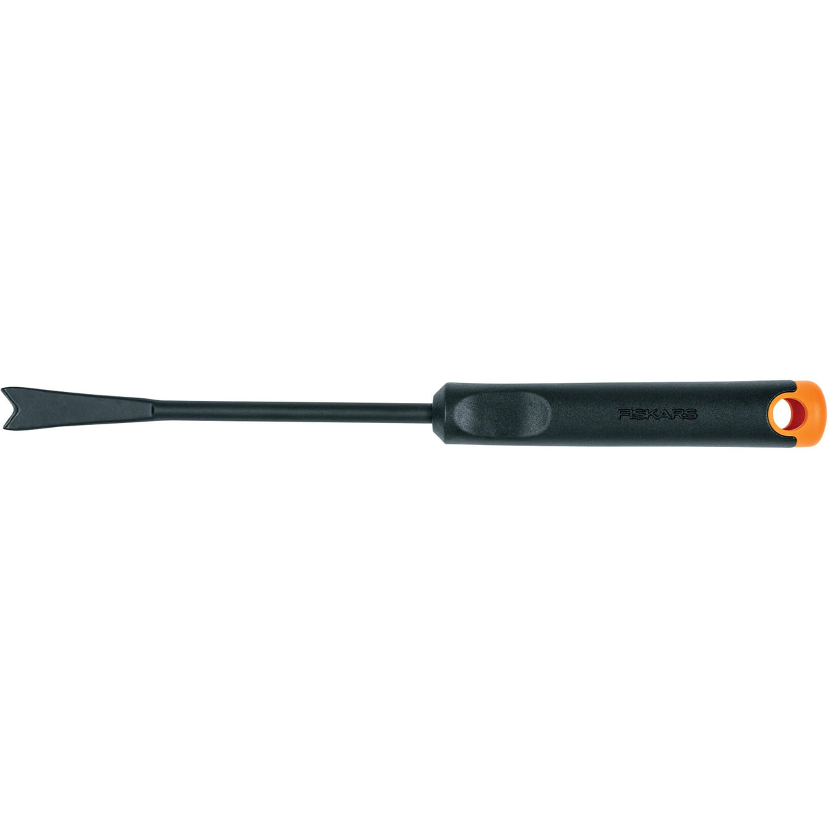 Fiskars weeder with sharpened forked tip for root removal.