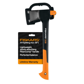 Fiskars X11 splitting axe blade close-up shows wedge-shaped geometry for easier splits.