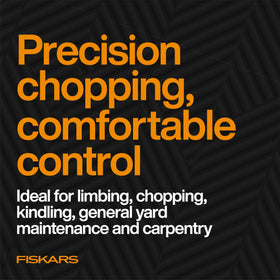 Fiskars X14 balanced design ideal for one-handed limbing and kindling tasks.
