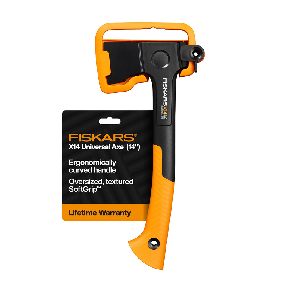 Fiskars X14 edge closeup showing the sharp blade for clean cuts.