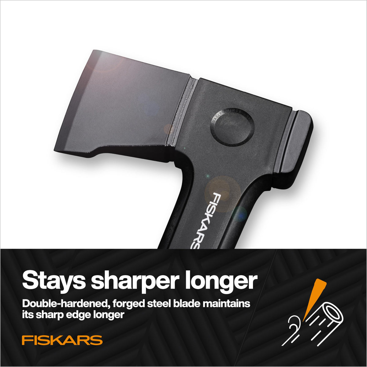 Fiskars X14 ergonomic curved handle promoting comfortable, neutral wrist alignment.