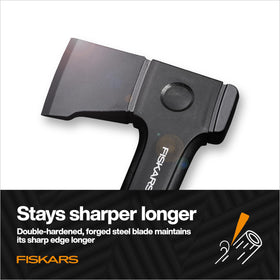 Fiskars X14 ergonomic curved handle promoting comfortable, neutral wrist alignment.