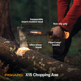 Fiskars X15 edge detail highlights durable steel ready for hardwood