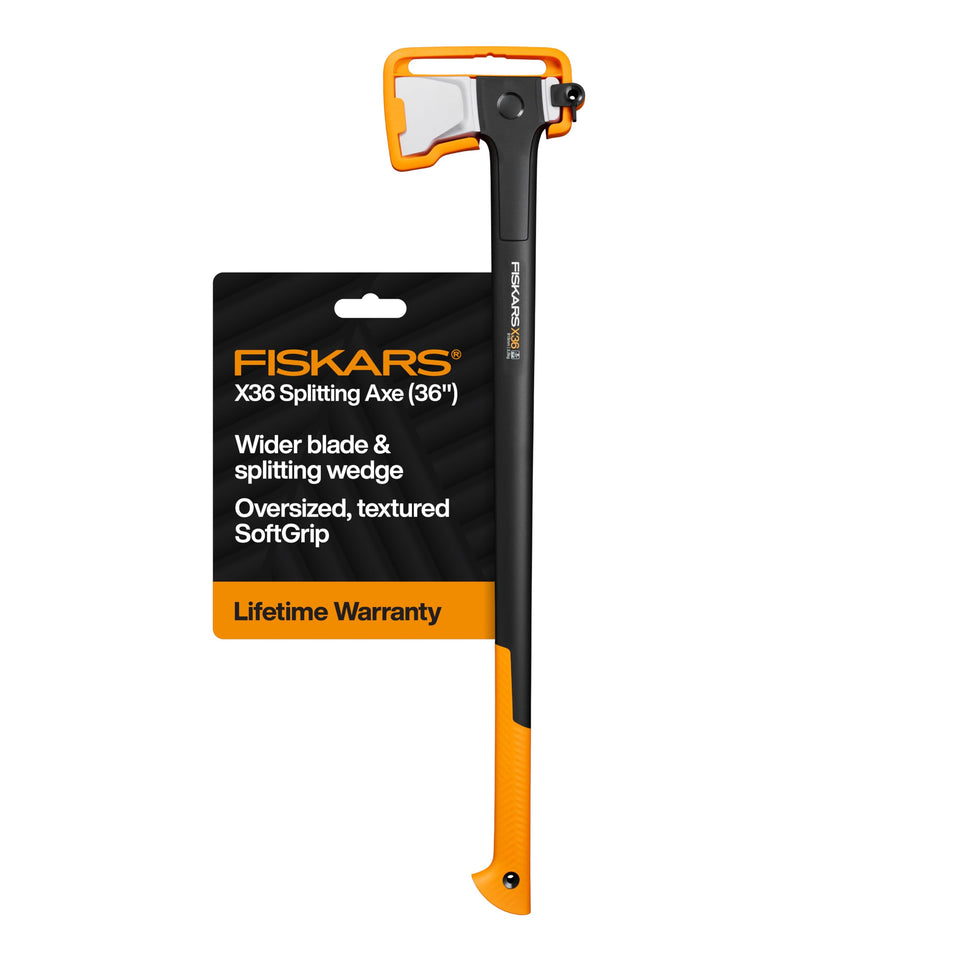 Fiskars X36 head close-up showing a robust blade for easier log splitting
