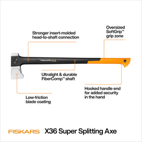 Fiskars X36 wide splitting wedge improves wood dispersion for fast splits