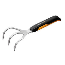 Fiskars Xact Cultivator with deep tines for soil loosening and weed removal.