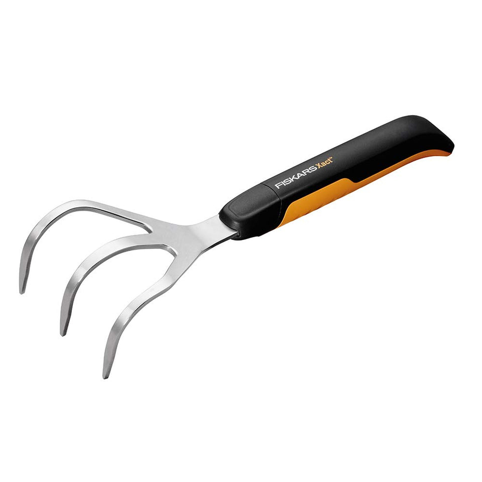 Fiskars Xact Cultivator with deep tines for soil loosening and weed removal.