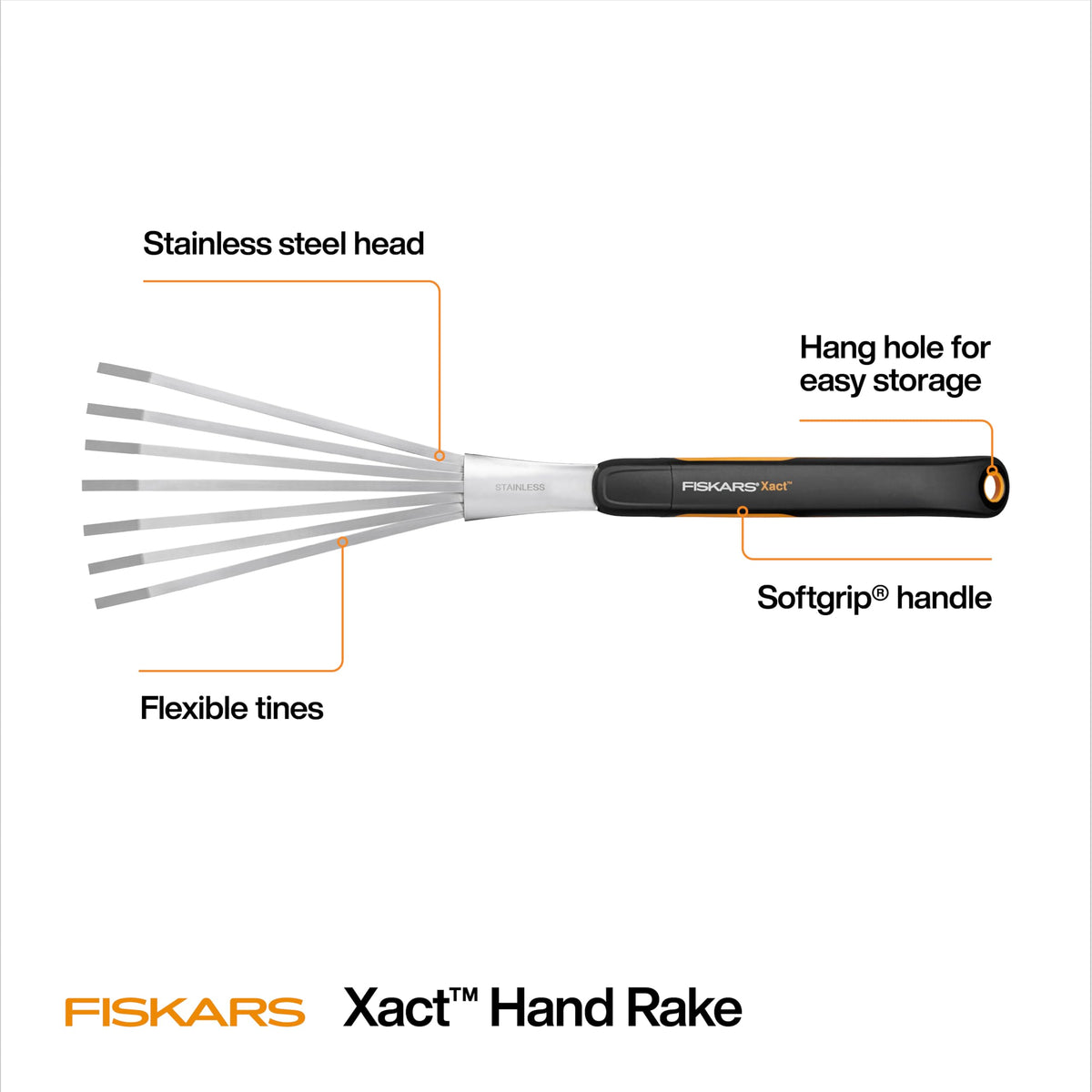 Fiskars Xact ergonomic design supports precise raking in tight spaces.
