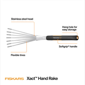 Fiskars Xact ergonomic design supports precise raking in tight spaces.