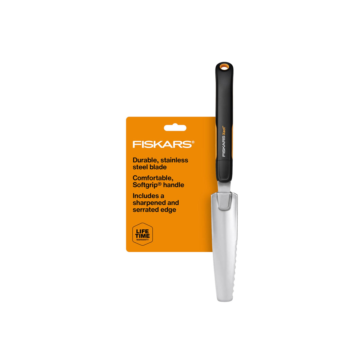 Fiskars Xact Weeder long blade for precise plant splitting and deep-rooted weed removal.