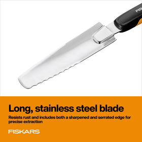 Fiskars Xact Weeder sharpened and serrated edges enable precise extraction.