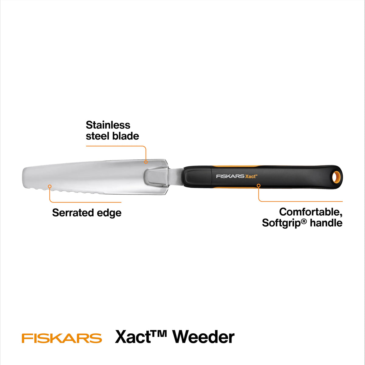 Fiskars Xact Weeder stainless steel blade resists rust for durable garden tasks.